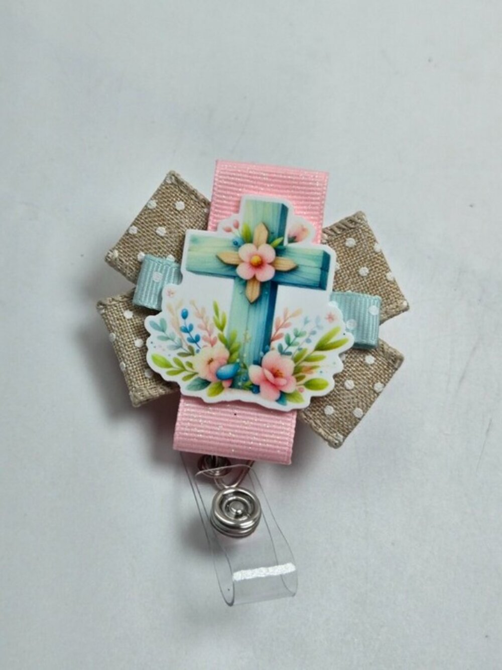OOAK Handmade Floral Cross Badge Reel Christian Religious ID Lanyard Name Tag